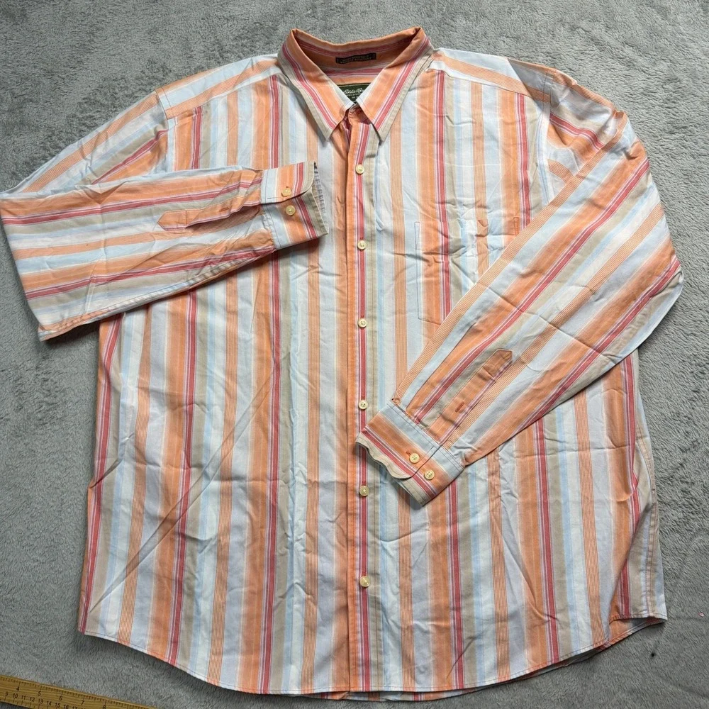 Eddie Bauer Mens XL Orange Striped Long Sleeve Button Down Stain Resistant Shirt